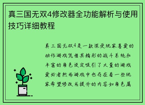 真三国无双4修改器全功能解析与使用技巧详细教程