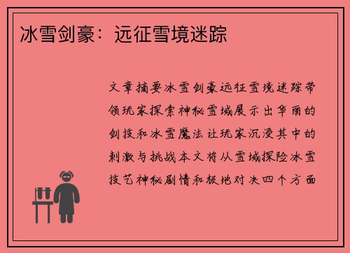 冰雪剑豪：远征雪境迷踪