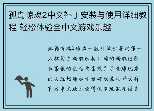 孤岛惊魂2中文补丁安装与使用详细教程 轻松体验全中文游戏乐趣